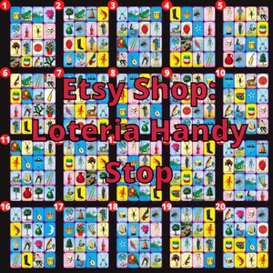 Cartas de Lotería completas en un tablero para el juego 20 Números