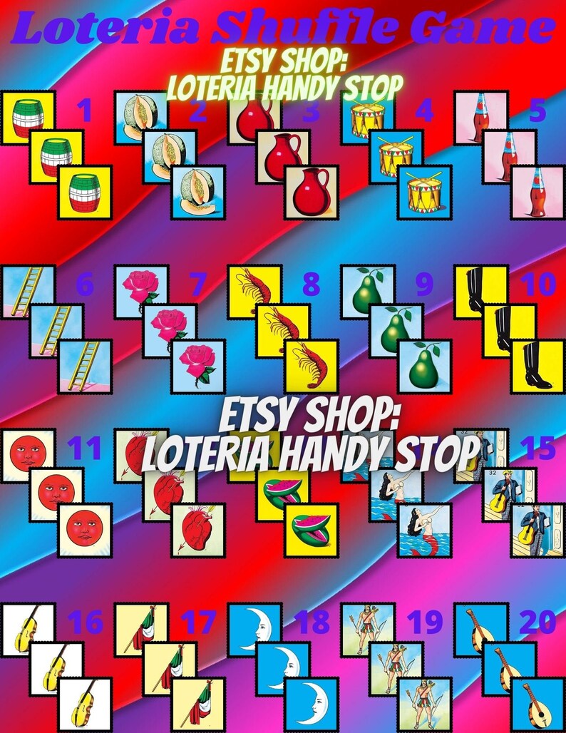 Puede incluir: Un tablero de juego de Loteria colorido con 20 casillas, cada una con una imagen diferente. Las im&aacute;genes incluyen un barril, mel&oacute;n, jarra, tambor, botella de soda, escalera, rosa, camar&oacute;n, pera, botas, sol, coraz&oacute;n, sand&iacute;a, sirena, guitarra, viol&iacute;n, bandera, luna, mujer y guitarra. El tablero se titula "Loteria Shuffle Game" e incluye el texto "Etsy Shop: Loteria Handy Stop".