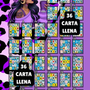 36 cartas de lotería completas en un tablero para jugar cartas completas