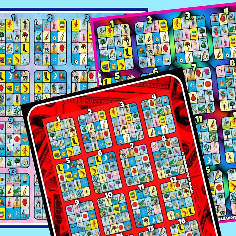 Puede incluir: Un juego de cuatro tableros de Loter&iacute;a con ilustraciones coloridas. Los tableros est&aacute;n numerados del 1 al 16 y presentan im&aacute;genes de s&iacute;mbolos tradicionales mexicanos, como un gallo, un gato y una calavera. Los tableros est&aacute;n impresos en un fondo rojo, azul y rosa.