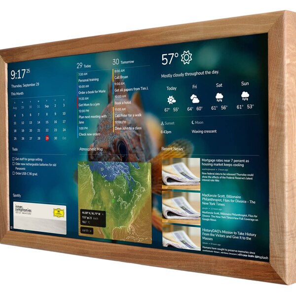 Digitaler Planer 24'' im Holzrahmen, WLAN-Kalender, Smart Wanddisplay, Digital Fotorahmen, Kommandozentrale, Digitaler Organizer, Smart Home