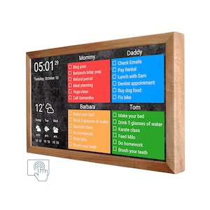 Touchscreen Family Chore Chart 24 Inch in Wooden Frame, Digital Wall Display, Home Planner, To Do List, Family Command Center
