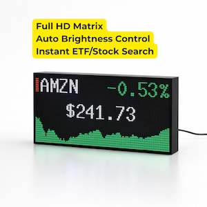 Pode incluir: Um marcador de ações LED preto exibindo "AMZN" com uma porcentagem negativa e um preço de ação de $241,73. O marcador tem um gráfico de linhas verde e o texto "Full HD Matrix, Auto Brightness Control, Instant ETF/Stock Search".