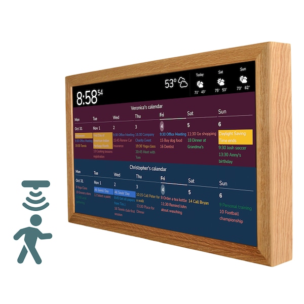 Digitale kalender 24 inch met ingebouwde bewegingssensor, Dakboard Smart Screen, Wanddisplay in houten lijst, Command Center, Dashboard