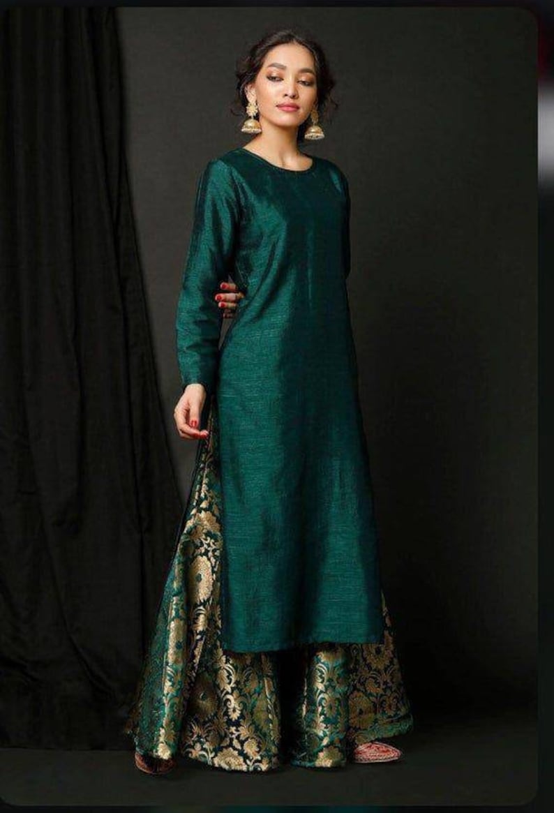 Beautiful Bottle Green Kurta Plazzo Set Pakistani Kurta Etsy