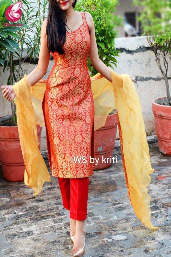 Beautiful Red Banarasi Kurta Pants With 