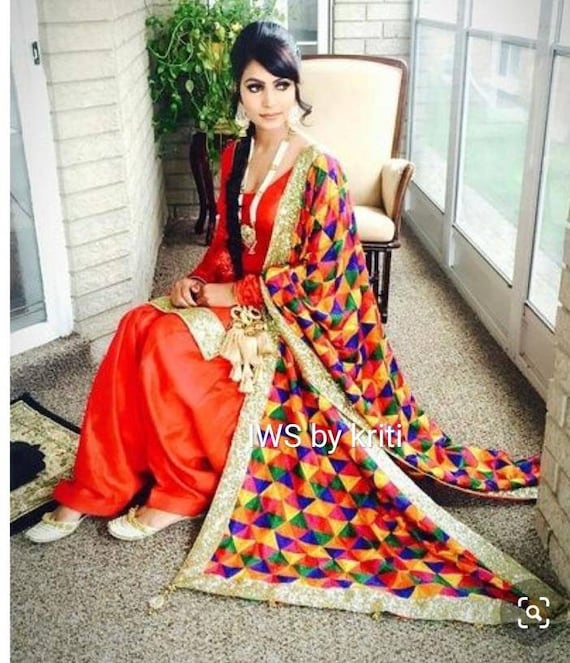 Beautiful Orange Silksuit Set With Phulkari Dupatta Patiala - Etsy