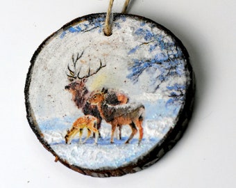 Decorative hanging wood slice ornament, decoupaged wood slice, Christmas ornament, rustic tree ornament, animal ornament, Deer ornament.