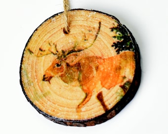 Decorative hanging wood slice ornament, decoupaged wood slice, Christmas ornament, rustic tree ornament, animal ornament, Deer ornament.