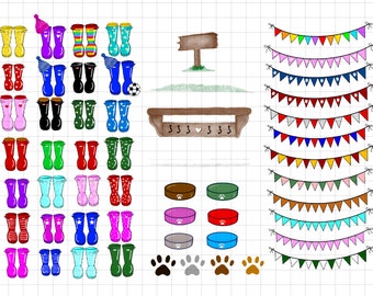 Welly Family Rain Boot bunting clipart digital PNG file transparent download - 54 png files included