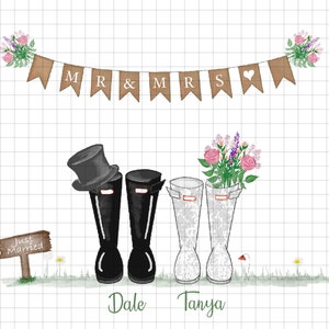 Peut inclure: Une carte de mariage avec une illustration aquarelle de deux paires de bottes de pluie, une noire et une blanche, avec une bannière qui dit "MR & MRS" et un panneau qui dit "Just Married". Les bottes sont décorées de fleurs et les noms Dale et Tanya sont écrits en dessous.
