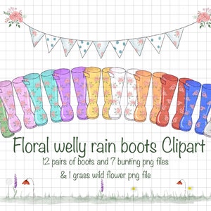Señoras floral welly familia acuarela clipart archivos PNG digitales, damas botas de lluvia floral, bunting png, uso comercial, 20 archivos incluidos