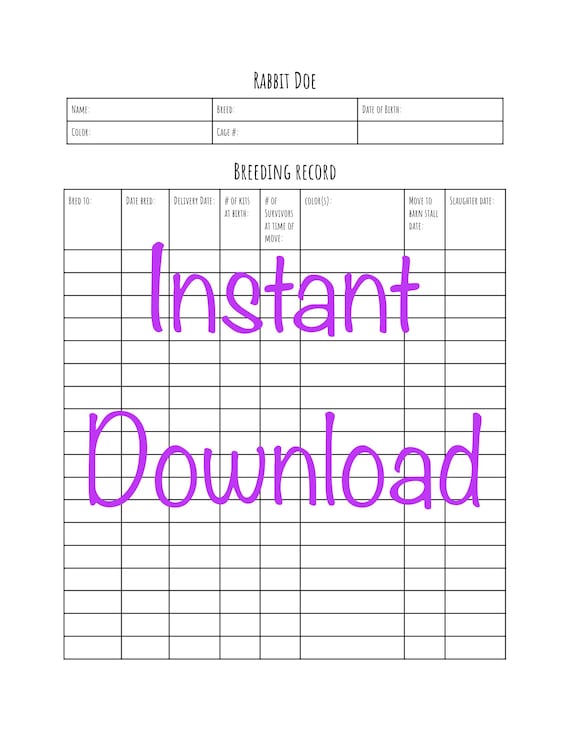 Rabbit Doe Breeding & Health Record Instant Download Printable Etsy