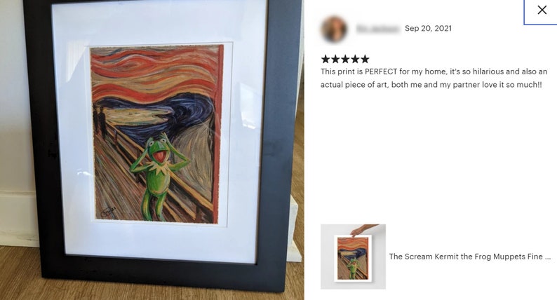May include: A framed print of a parody of Edvard Munch's "The Scream" painting, featuring Kermit the Frog from the Muppets. The print is in a black frame with a white mat.