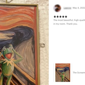 May include: A framed print of Edvard Munch's "The Scream" with Kermit the Frog's head superimposed on the screaming figure. The print is in a gold frame and has a red, yellow, and blue background.