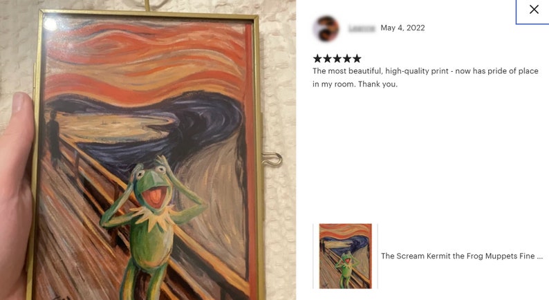May include: A framed print of Edvard Munch's "The Scream" with Kermit the Frog's head superimposed on the screaming figure. The print is in a gold frame and has a red, yellow, and blue background.