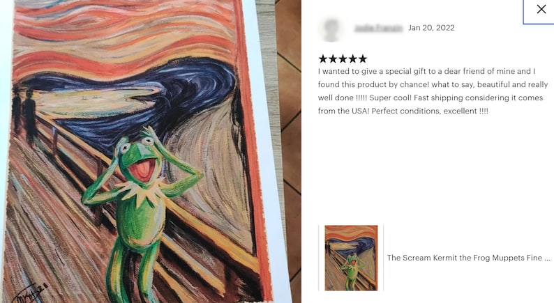 May include: A parody of Edvard Munch's "The Scream" painting, featuring Kermit the Frog from the Muppets, with a green body and a wide-open mouth, holding his head in his hands. The background is a swirling, abstract pattern of red, orange, yellow, blue, and black.
