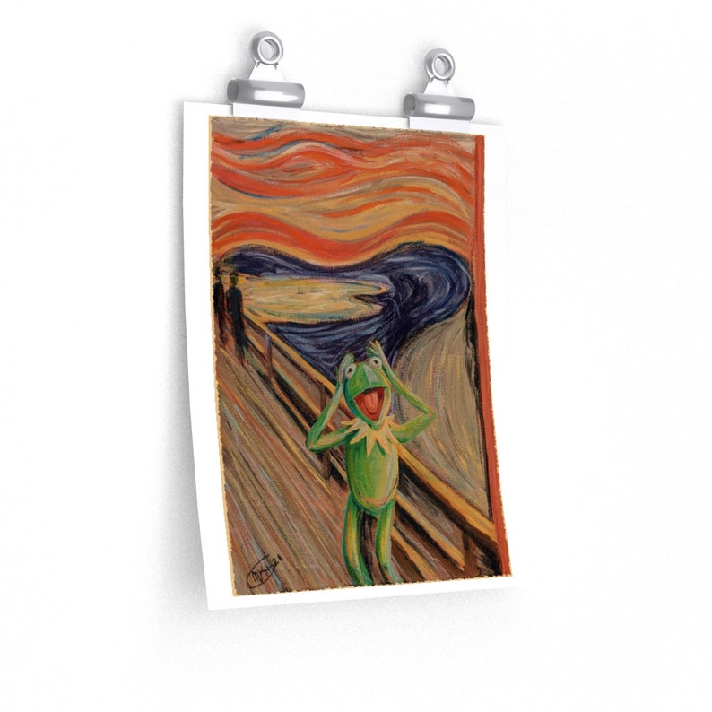 May include: A green frog with a wide open mouth and hands over its ears is depicted in the style of Edvard Munch's famous painting "The Scream". The background is a swirling mix of red, yellow, blue, and white.