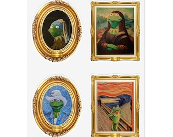 Sticker Sheet Kermit the Frog Mona Lisa Van Gogh The Scream Pearl Earring Fine Art Decals for Muppets lovers