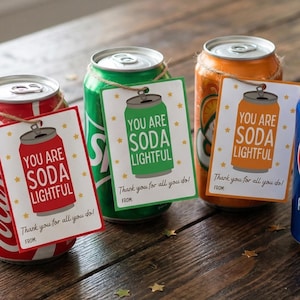 May include: Four soda cans, red, green, orange, and blue, each with a tag that reads "You are Soda Lightful." The tags feature a soda can illustration and the phrase "Thank you for all you do!" on a wooden surface.