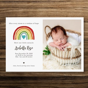 Faire-part de naissance arc-en-ciel à imprimer, modèle modifiable de faire-part pour nouveau-né, carte photo pour nouveau-né, petite fille, bébé garçon