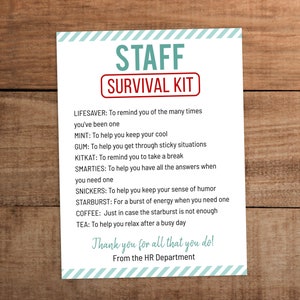 Staff Survival Kit Printable, Employee Appreciation Gifts, Editable Digital Download