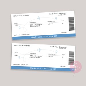 May include: Two rectangular white paper tickets with blue accents, featuring a flight path graphic, a barcode, and text including Peterson/Mackenzie, 13th Birthday Celebration, April 8, 2021, Flight 4821, Destination 125 Celebration St, Miami, FL 98765, and Mackenzie is turning 13!