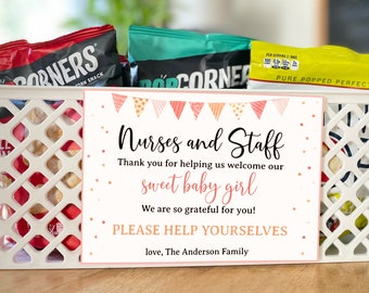 Editable Labor and Delivery Nurse Midwife Hospital staff appreciation gift basket thank you tag printable Newborn baby girl