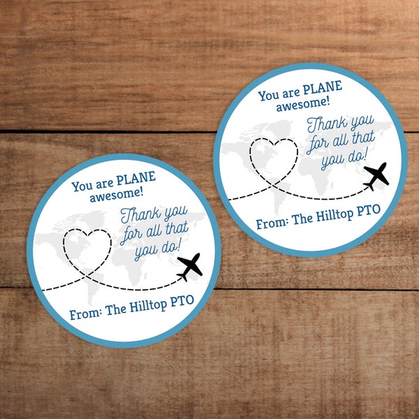 2x2" Editable Airplane travel theme Thank you gift tag printable for teacher  staff employee pilot flight attendant appreciation