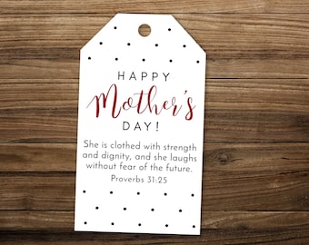 Etiqueta de regalo para el Día de la Madre imprimible con versículo bíblico cristiano religioso, descarga digital.