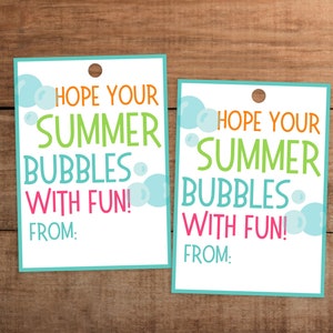 May include: Two white gift tags with blue borders and colorful bubble designs. The text on the tags reads "Hope your summer bubbles with fun!" with a line for "From:".