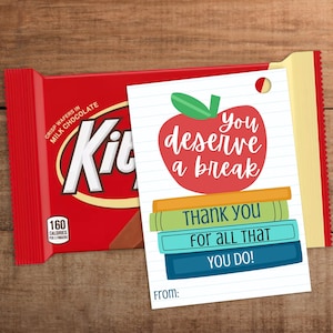 Étiquette-cadeau de remerciement des enseignants et du personnel de l'école à imprimer Vous méritez une pause Merci pour tout ce que vous faites des bonbons au chocolat L'été