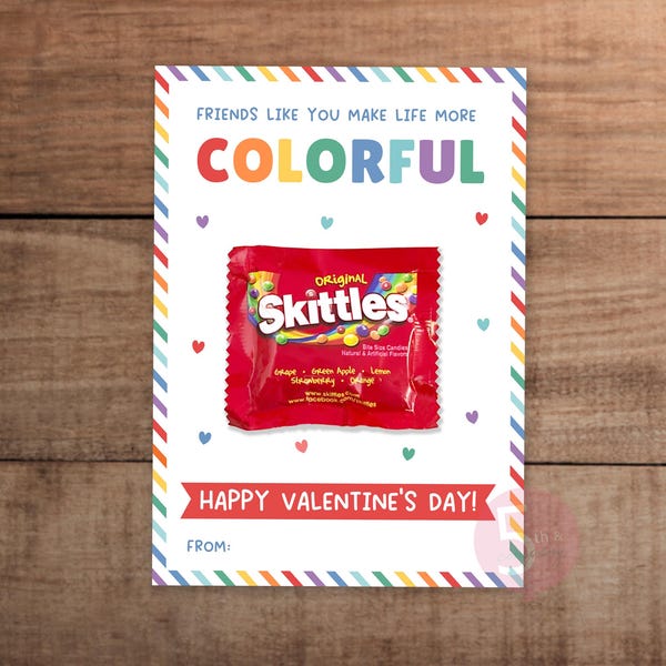 Valentinstag Skittles Card, bunter Geschenkanhänger zum Ausdrucken, für Kids im Klassenzimmer, digitaler Download