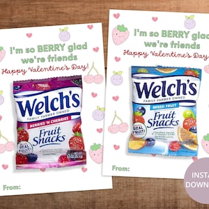 Tarjeta imprimible con refrigerio de frutas para el día de San Valentín. Me alegro mucho de que seamos amigos. Plantilla de intercambio en el aula para niños. Descarga instantánea