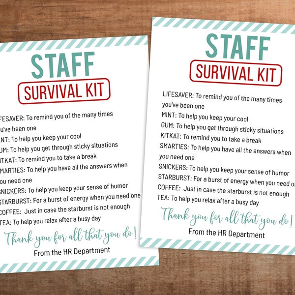 Editable Staff Survival kit printable Employee appreciation gift