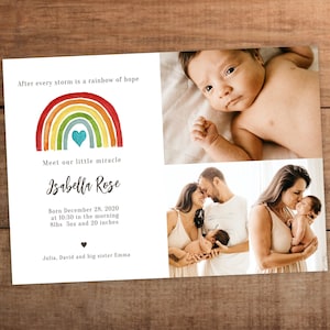 Tarjeta fotográfica editable con anuncio de nacimiento de bebé arcoíris, plantilla imprimible para recién nacido