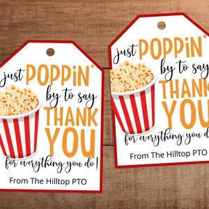 Etiqueta de regalo de agradecimiento de palomitas de maíz editable e imprimible para maestros, enfermeras, empleados, personal, trabajadores sociales, voluntarios.