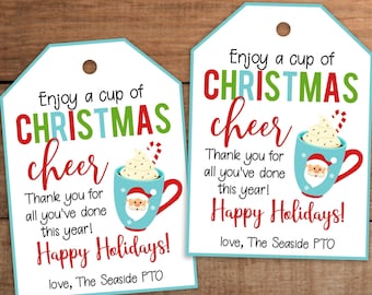 Editable Christmas gift tag printable coffee hot cocoa caffeine treats for teacher nurse staff employee appreciation