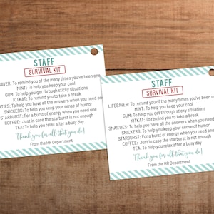 Editable Staff Survival kit printable Employee appreciation gift tag