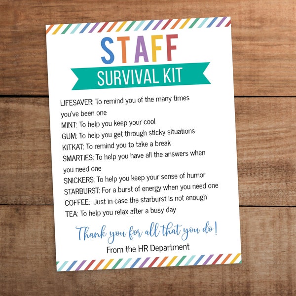 Editable Staff Survival kit card gift tag printable Employee Team member  Appreciation day gift sweets treats