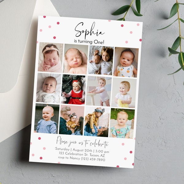 Baby's first year photo collage birthday invitation editable template, Baby's first 12 months photo collage