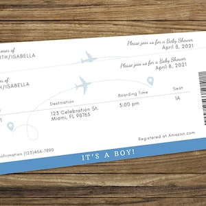 Druckbare Bordkarte Babypartyeinladung Bearbeitbares Flugticket laden Reise unter dem Motto Corjl-Vorlage ein