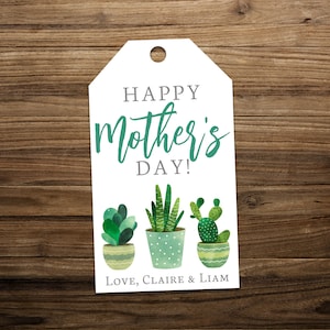 Puede incluir: Etiqueta de regalo blanca con plantas suculentas de acuarela verde en macetas. El texto dice "&iexcl;Feliz D&iacute;a de la Madre! Con cari&ntilde;o, Claire y Liam".