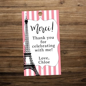 Editable Paris themed Birthday Party Favor Tag  Eiffel tower thank you printable template