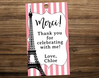 Editable Paris Birthday Favor GiftTag, Eiffel Tower Thank You Template, Digital Download