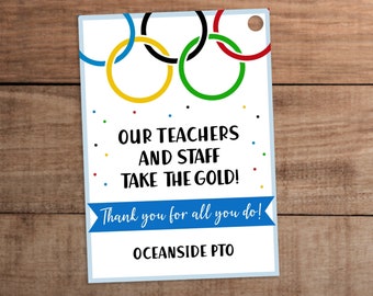 Olympics theme Teachers and staff appreciation week editable gift tag printable  Sports theme Our teachers and staff take the gold