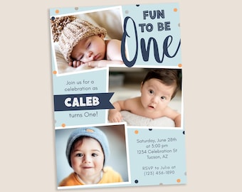 Personalized Fun to Be One Boy Birthday Invitation: 1st Party Photo Collage, Digital Download