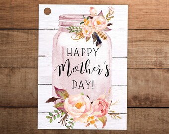 Etiqueta de regalo para el Día de la Madre imprimible con frasco de vidrio estilo bohemio y flores para empleados, miembros del equipo, vecinos, clientes, agente inmobiliario, etc.