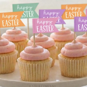 Easter Cupcake Toppers Printable, Happy Easter Flags, Pastel Cupcake Picks, Bunny Party Decor, Spring Dessert Toppers, Instant Download