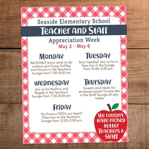 Editable Teacher Appreciation Week Itinerary - Apple Theme (8.5x11&quot; Printable)